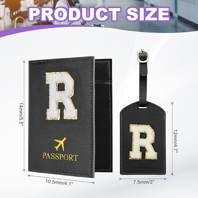 PATIKIL Passport Holder for Travel, Initial Passport Cover and Luggage Tag Set with Alphabet Chenille Letter Patch Travel Wallet Bag Suitcase Identifier for Women Family Travel Black R
