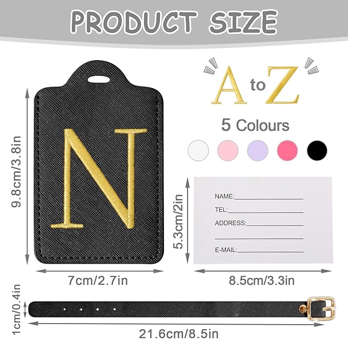 Initial Letter Luggage Tags for Suitcases, Personalized Embroidered Letter Luggage Bag Suitcase Identifier Name Tag, Cute PU Leather Travel Luggage Tags, Bag Tags for Luggage Handbags(Black N)