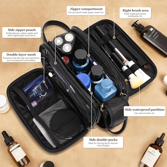 Travel Toiletry Bag for Men,Mens Shaving Bags for Toiletries,Men's Toiletry Travel Bag PU Leather,Personalized Travel Essentials,Birthday Gifts For Men,Black- D