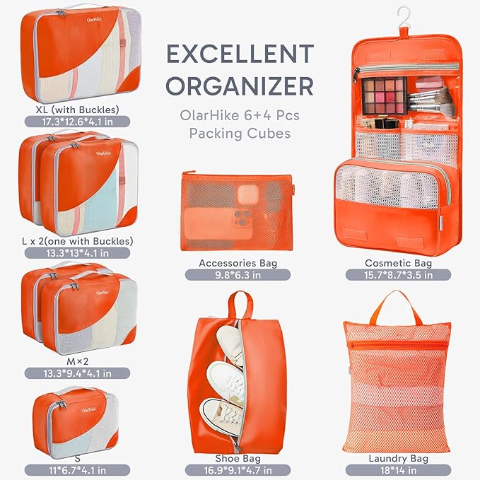10 Set Packing Cubes for Travel, Gifts for Women Mom,Anti-Tearing Suitcase Organizer for Luggage with Shoe & Hanging Toiletry Bag,OlarHike Vacation Essentials & Accessories for Cruise Ship