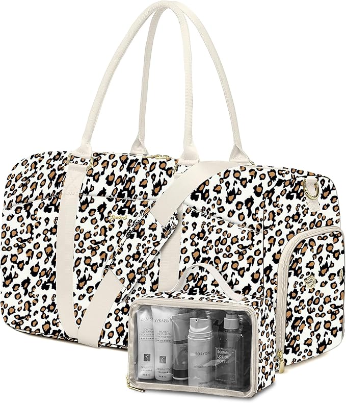 Women Weekender Travel Duffle Bag: Travel Duffel Overnight Bags with Shoe Compartment Large Carry on Tote with Toiletry Bag Weekend Traveling Yoga Gym Hospital Bag for Women with Wet Pocket Leopard