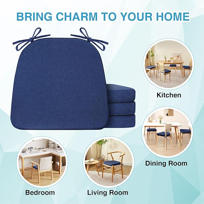 Chair Cushions for Dining Chairs Set of 4, Non Slip Kitchen Chair Pads, 17" x 16" x 2", Indoor Dining Chair Cushions with Ties, D-Shaped Seat Cushions for Kitchen Chairs, Navy Blue