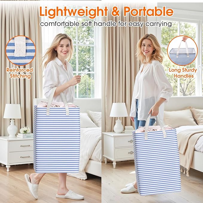 3 Pack Large Laundry Basket,Waterproof & Freestanding Laundry Hamper,Collapsible Clothes Hampers with Easy Carry Long & Reinforced Handles in Bathroom,College Dorm(88Lx3,Blue)