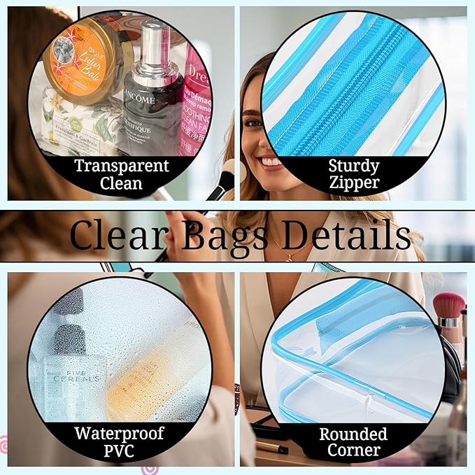 6 Pieces Large Clear Makeup Bags Bulk TSA Approved Toiletry Bag for Travel Transparent PVC Clear Cosmetic Pouch with Zipper, Waterproof Plastic Organizer Case for Carry-on Travel Essentials (Blue)