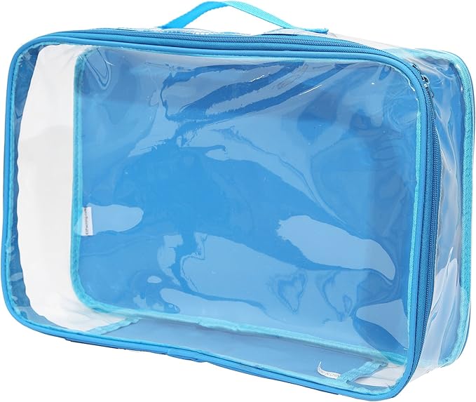Large Clear Travel Packing Cube/See-Through PVC Organizer for Suitcase/Multipurpose Pouch w/Handle/Dress Shirts, Pants, Cashmere, Sweaters & Seasonal Linen Storage Protection (Turquoise)