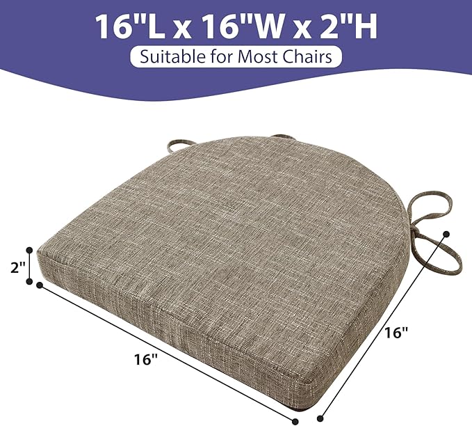Chair Cushions for Dining Chairs with Ties and Removable Cover, Dining Kitchen Chair Pads with Non-Slip Bottom, High-Resilience Indoor Seat Cushions, 16'' x 16'' x 2'', Set of 6, Khaki