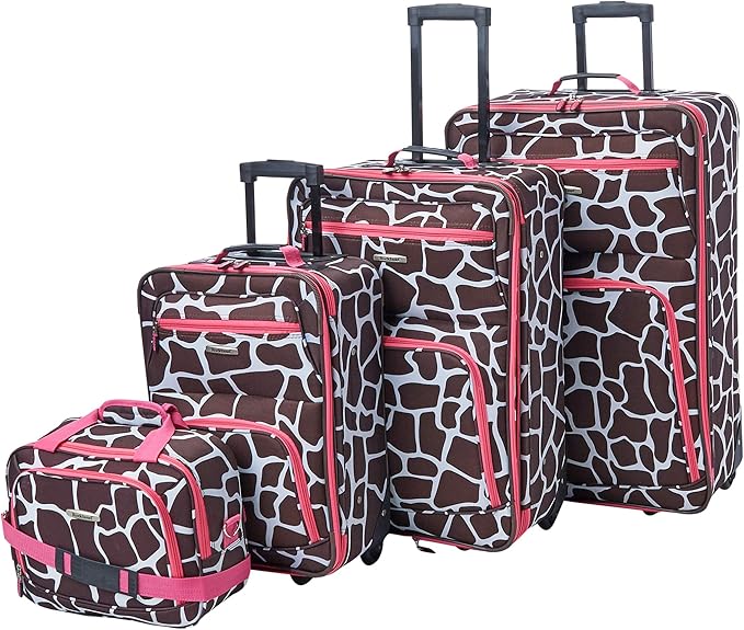 Rockland Fashion Softside Upright Luggage Set, Telescoping Handles, Pink Giraffe, 4-Piece (14/19/24/28)