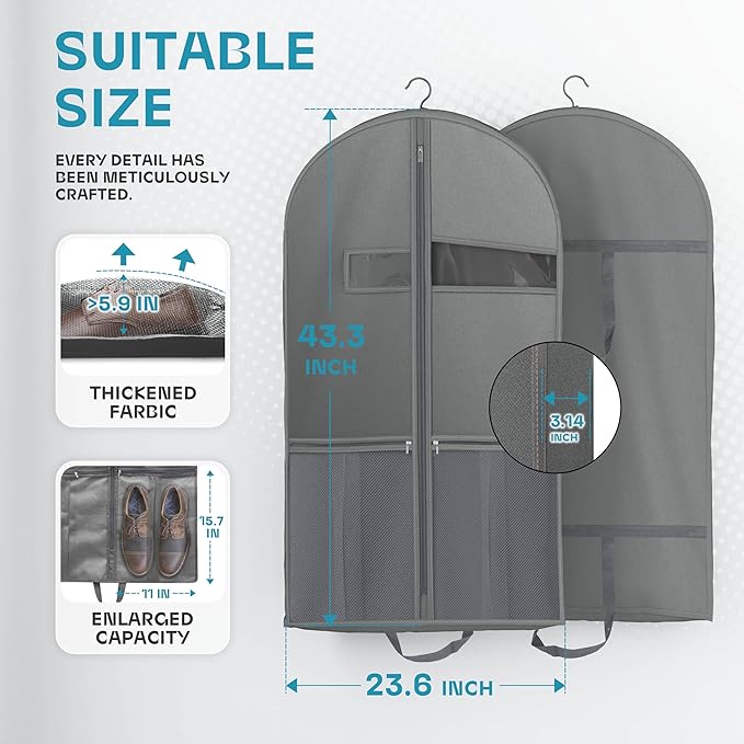 Travel Garment Bag with Zipper Pocket, Suit Bag for Suits, Dresses, Coats