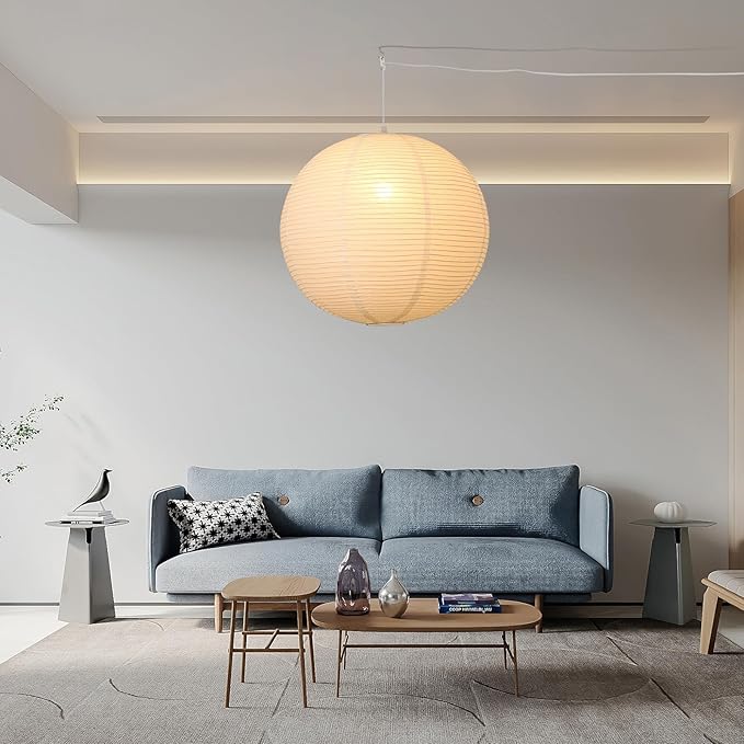 23.6in Paper Lanterns Plug in Hanging Lamp White, 19.7FT Cord | Rice Paper Lamp Lantern Pendant Light Large Globe Japanese Japandi Wabi Sabi Chandelier for Dining Living Room Bedroom 1 Pack