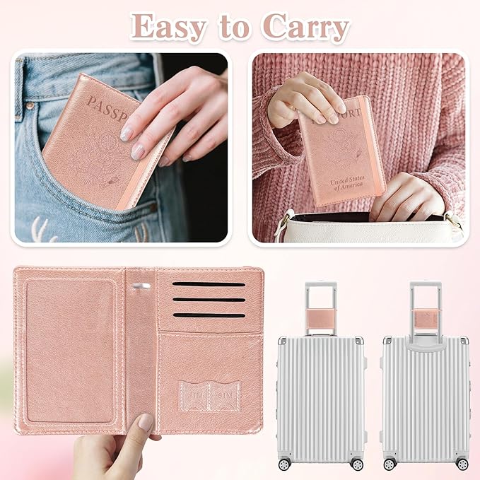 Passport Holder for Travel, RFID Blocking Passport Cover with Pen Holder Leather Passport Wallet Case Travel Must Haves Accessories Passport Book Card Holder for Family Travel Essentials, Rose Gold