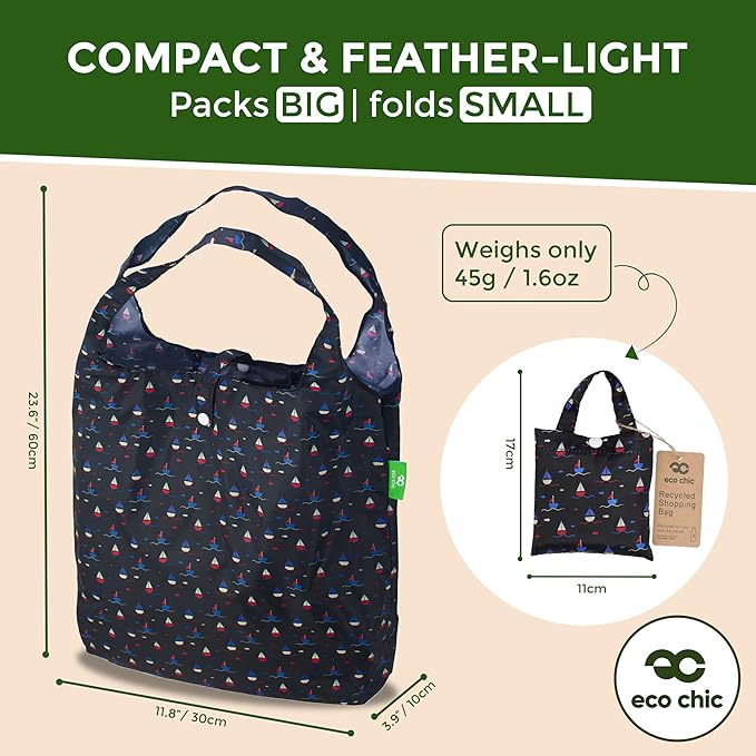 ECO CHIC Foldable Reusable Grocery Bags - Lightweight, Recycled & Reusable Shopping Bag - Waterproof Packable Tote