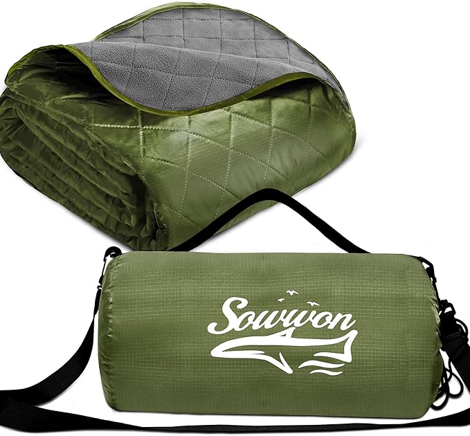 Waterproof Outdoor Blanket 82”X 55” Packable, Stadium Blankets for Camping with Quilted Fleece Lining, Large Windproof Emergency Throw Mat for Garss Picnic Hiking Road Trip, Machine Washable, Green