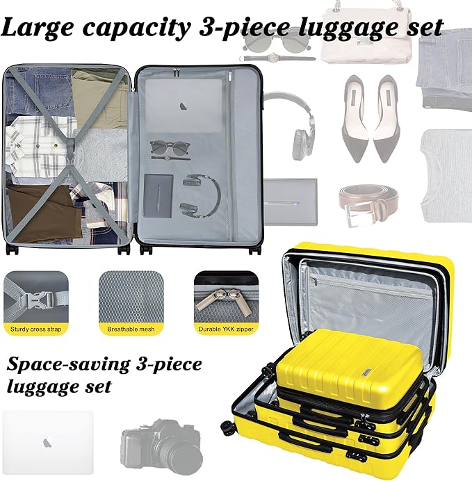 Zebra Luggage Sets 3 Piece, 20" Carry On Luggage with Spinner Wheels, Hardside Business Travel Suitcase Set with TSA Lock, Lightweight Suitcase,20/24/28 inch,Yellow
