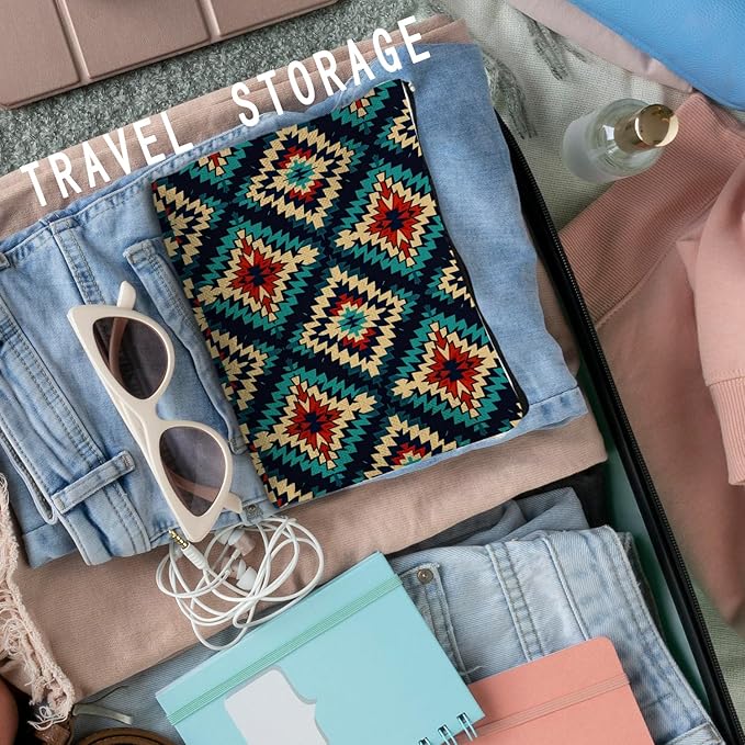 Boho Aztec Makeup Bag, Ethnic Southwestern Navajo Tribal Cosmetic Bag for Women, Western Gifts and Accessories