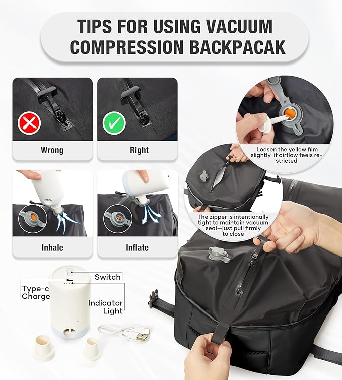 VECAVE Vacuum Travel Backpack with Pump for Women, Personal Item Carry on Backpacks Flight Approved for Men,Laptop Waterproof Work Compression bags Casual Daypack Black..