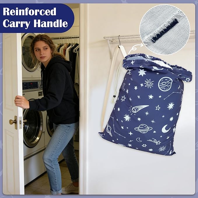 Canvas Laundry Bag with shoulder Strap 24"W x 29"H, Large Drawstring Dirty Clothes Bag Washable Laundry Sack for College Dorm, Travel, Home, Camp (Space)
