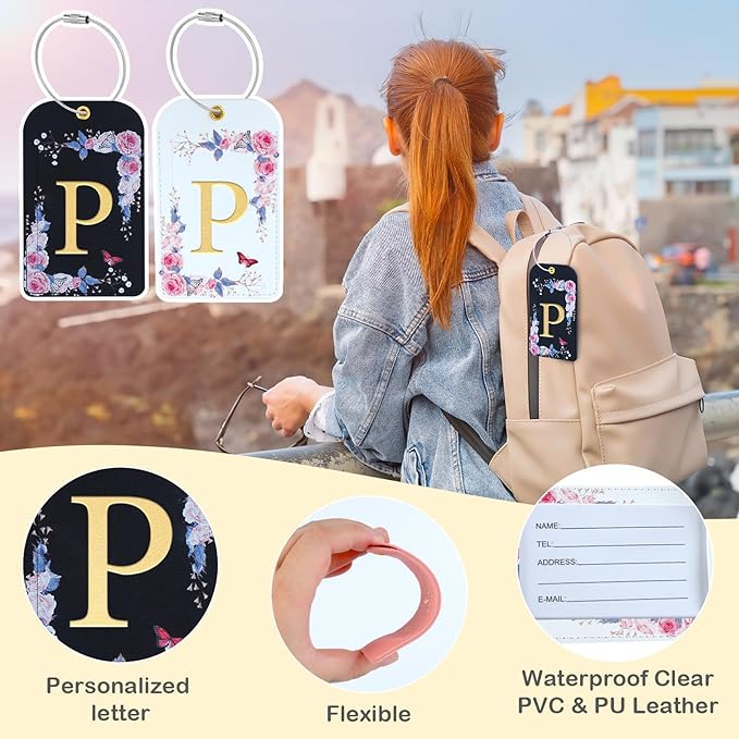 3 Pack Luxury Floral Luggage Tags, Durable PU Leather Suitcase Tags with Stainless Steel Cable Strap, Hidden ID Slot for Privacy Protection, Easy to Identify Waterproof Travel Accessories Gift (P)