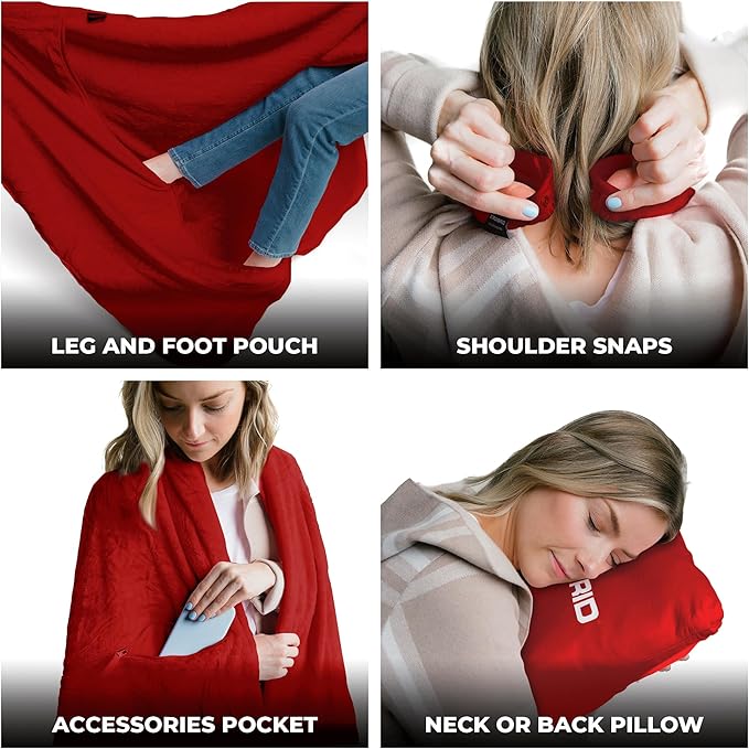 Zero Grid Lightweight Travel Blanket – Premium Compact Wearable Airplane Blanket with Neck Snaps, Cozy Foot Pockets, Zipper Pouch, converts to Soft Pillow for Ultimate Comfort - Scarlet