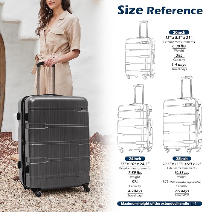 Coolife Luggage Set 3 Piece Hardside PC+ABS Suitcase with TSA Lock, Expandable Large Checked Luggage, Lightweight Rolling Carry On with Spinner Wheels(20/24/28 Inch, Charcoal)