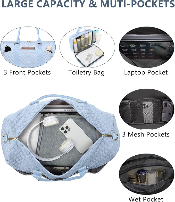 Women Weekender Travel Duffle Bag: Travel Duffel Overnight Bags with Shoe Compartment Large Carry on Tote with Toiletry Bag Weekend Traveling Yoga Gym Hospital Bag for Women with Wet Pocket Light Blue