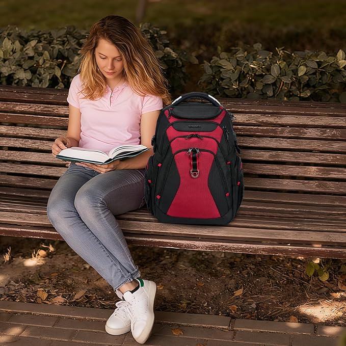 KROSER Travel Laptop Backpack 17.3 Inch XL Computer Backpack with Hard Shell Saferoom RFID Pockets Water-Repellent Business College Daypack Stylish Bag for Men/Women-Black Red