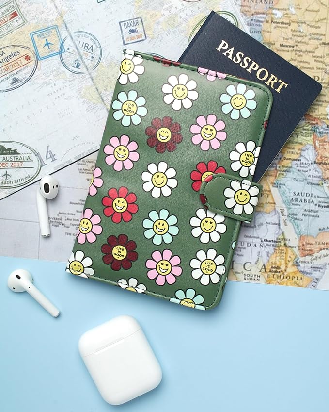 Life is Good Travel Passport Cover - Anti-Theft Passport Holder Wallet with Interior Card Slots with Magnetic Snap Closure, Happy Daisy