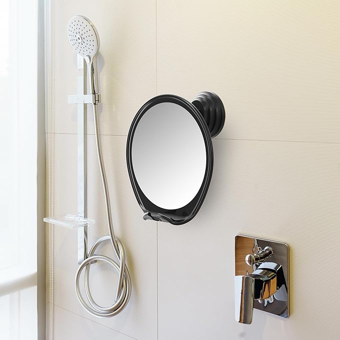 HONEYBULL Fogless Shower Mirror with Suction Mount & Swivel – Anti-Fog Acrylic Bathroom Mirror for Shaving – Built-in Razor Holder, Easy Install, Home Shower Accessory (Black)