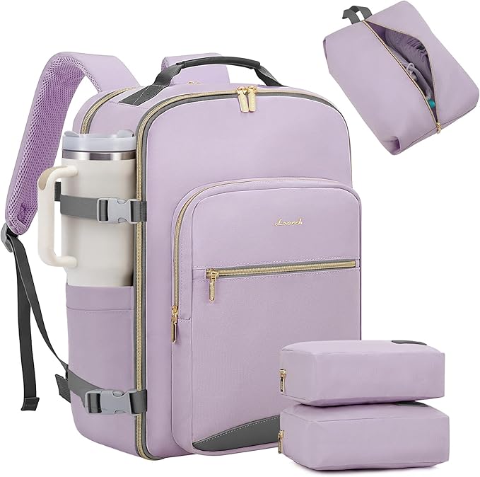 LOVEVOOK 40L Large Travel Backpack for Women Men, 17 Inch Carry on Backpack for Traveling on Airplane, Personal Item Travel Bag Airline Approved, Business Causal Weekender Backpack, Light Purple-Grey