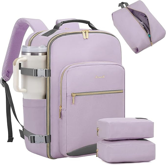 LOVEVOOK 40L Large Travel Backpack for Women Men, 17 Inch Carry on Backpack for Traveling on Airplane, Personal Item Travel Bag Airline Approved, Business Causal Weekender Backpack, Light Purple-Grey
