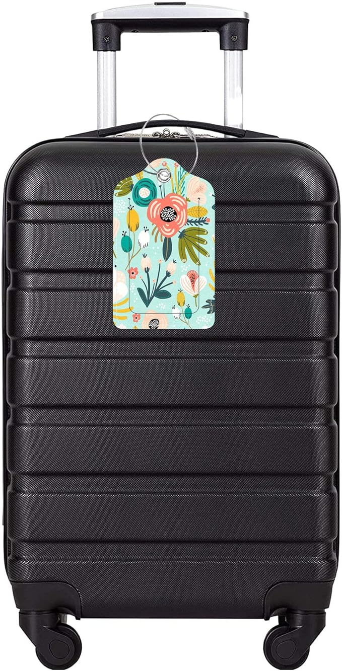 Luggage Tags, (Set of 2) PU Leather Suitcase Tags, Identifiers Privacy Cover ID Label with Stainless Steel Loop and Address Card for Travel Bag Suitcase (L- Floral Green)