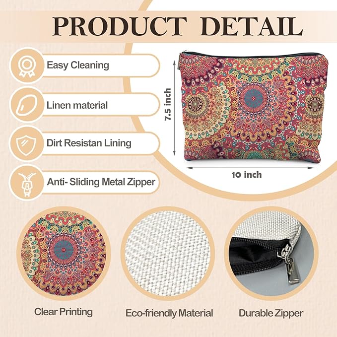 Boho Mandala Floral Makeup Bag, Bohemian Ethnic Mandala Flower Cosmetic Bags Toiletry Bag for Women, Hippie Flower Makeup Bag, Floral Makeup Pouch
