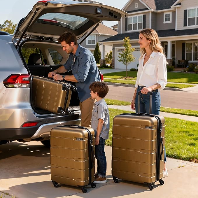 Coolife Luggage Set 3 Piece Hardside PC+ABS Suitcase with TSA Lock, Expandable Large Checked Luggage, Lightweight Rolling Carry On with Spinner Wheels(20/24/28 Inch, Black Brown)