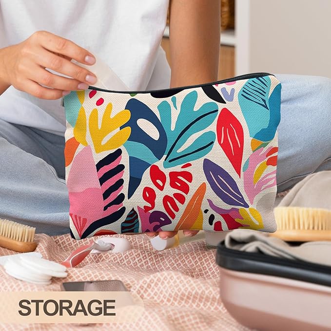Abstract Colorful Floral Makeup Bag, Trendy Maximalist Funky Tropical Flower Cosmetic Bags for Women, Eclectic Botanical Zipper Makeup Pouch