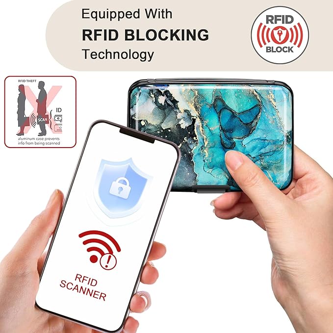 ELFISH RFID Blocking Credit Card Protector Aluminum ID Case Hard Shell Business Card Holders Metal Wallet for Men or Women (Graygreen Marble)