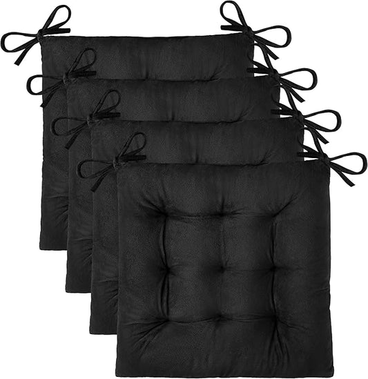 OVOV 4 Pack Chair Cushions for Dining Chairs Soft Seat Cushions for Kitchen Desk Chairs Square Chair Pads with Ties (15.5"x15.5" Black)