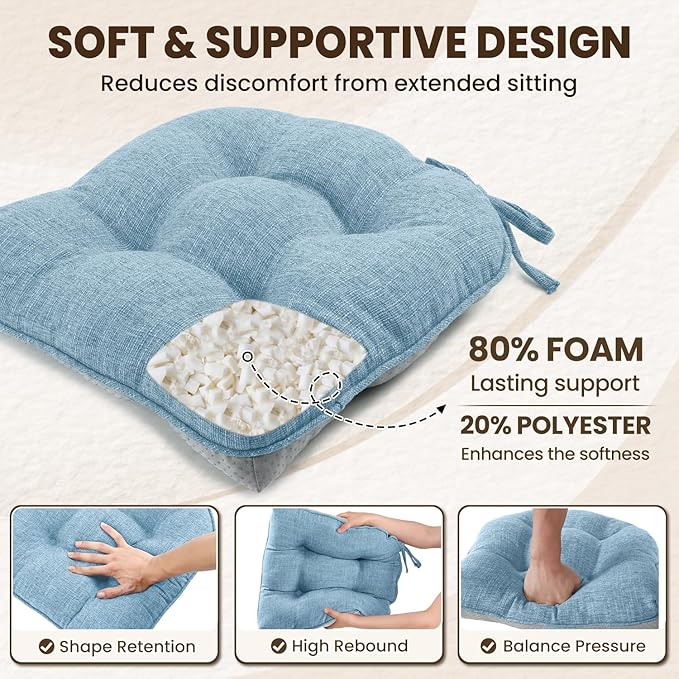 downluxe Indoor Chair Cushions for Dining Chairs, Tufted Overstuffed Textured Kitchen Chair Pads with Ties and Non-Slip Backing, 16.5" x 16.5" x 4", Light Blue, 4 Pack