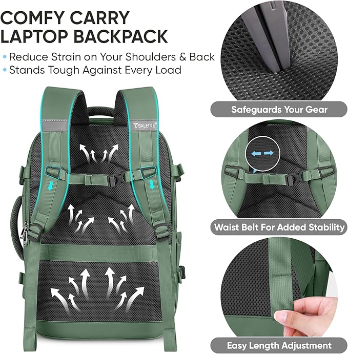 BALEINE Travel Backpack for Women Men, Large Sturdy Carry On Laptop Backpack Gifts for Business, Casual, Weekender, Hiking (Large, Olive Green)