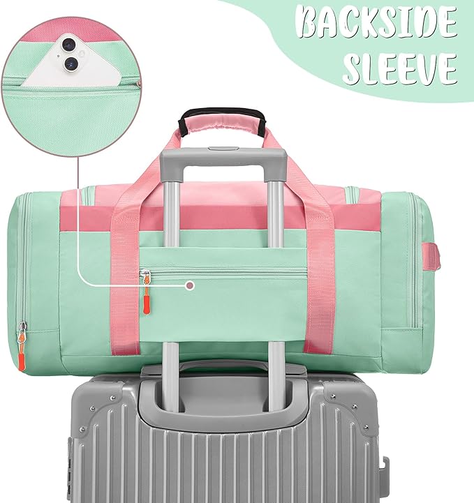 WOOMADA Kids Duffle Bag for Boys or Girls,Weekender Overnight Bag with Shoe Compartment & Wet Pocket Perfect For School, Sports, Overnight Trips(Pink Green)