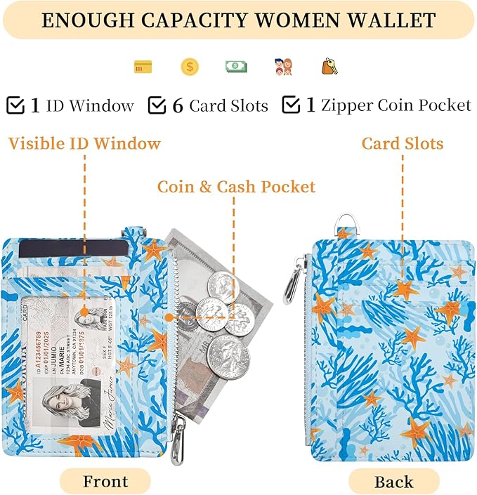Hancynir Slim Wallet Women Credit Card Holder Ocean Sea Starfish Cute RFID Blocking Small Card Wallets Mini Front Pocket PU Leather Thin Travel Zipper Coin Cash Ladies Female Wallet Organizer Gifts