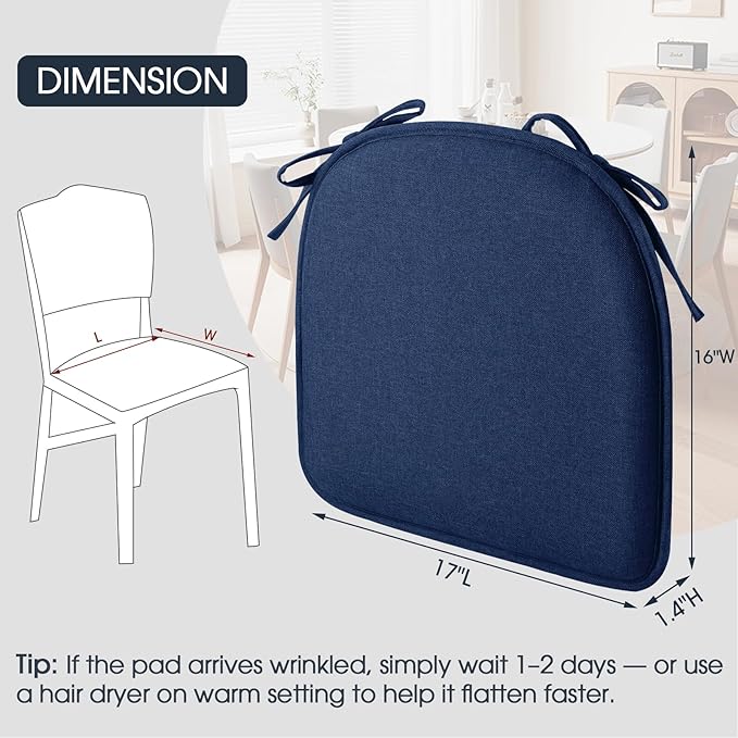 TushGuard Chair Cushions for Dining Chairs Set of 4, Soft Seat Cushions for Kitchen Chairs, Non-Slip Bottom with Ties, Comfortable Everyday Chair Pads, Navy Blue