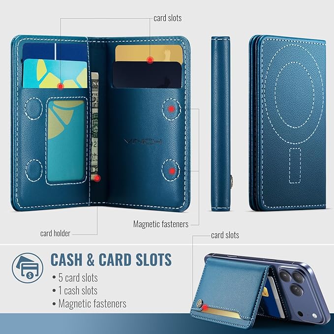 Vinich for MagSafe Wallet Magnetic RFID Blocking Card Holder Compatible with MagSafe Phones and Cases, Strong Magnet Minimalist Phone Wallet for iPhone 17/16/15/14/13/12/ Pro/Max/Plus, Blue