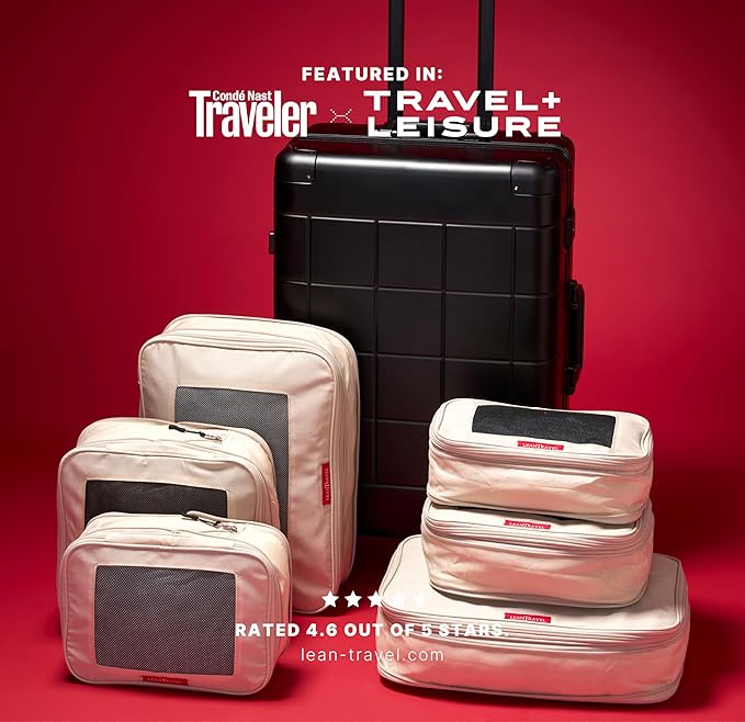 LeanTravel Premium Compression Packing Cubes for Travel - Suitcase Organizer Bags with Double Zipper & Breathable Mesh Panel - Space Saving Carry On Luggage Essentials (6-Pack, Sand)
