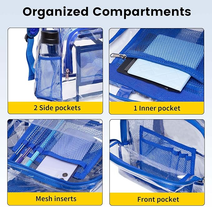 Vorspack Clear Backpack Heavy Duty PVC Transparent Backpack with Reinforced Strap Stitches & Large Capacity for College Workplace Security -Blue