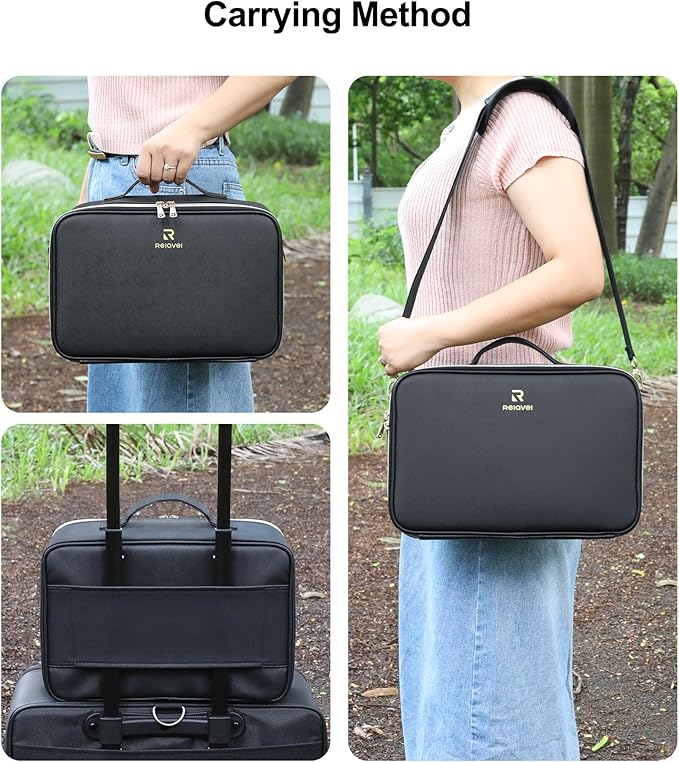 Relavel Makeup Train Case With LED Mirror, Professional Travel Cosmetic Bag with Removable Partitions, Compact Makeup Organizer with Shoulder Strap, Waterproof Travel Case for Women, Black