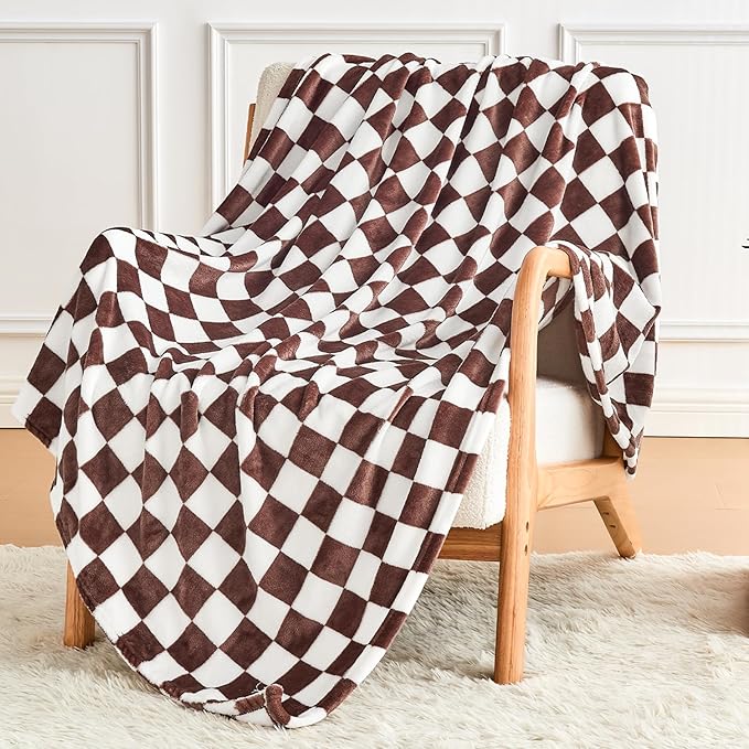 Brown Checkered Blanket, Ultra Soft Cozy Flannel - Checkered Grid Print Throws for Bed Sofa Couch, Luxury Throw Blanket for All Seasons, 50x60 Inch, Brown