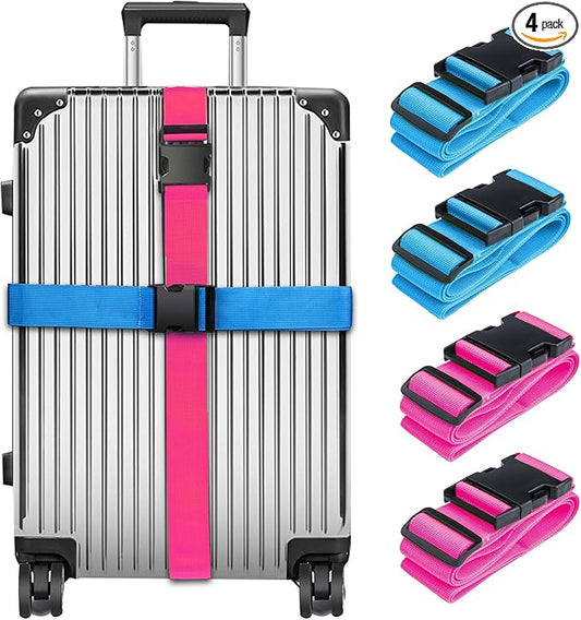 Luggage Straps for Suitcases TSA Approved, Travel Belt Suitcase Belt, Suitcase Straps TSA Approved, Luggage Belt Strap TSA Approved, Travel Straps for Luggage, 4Pcs Luggage Band, Bule & Pink