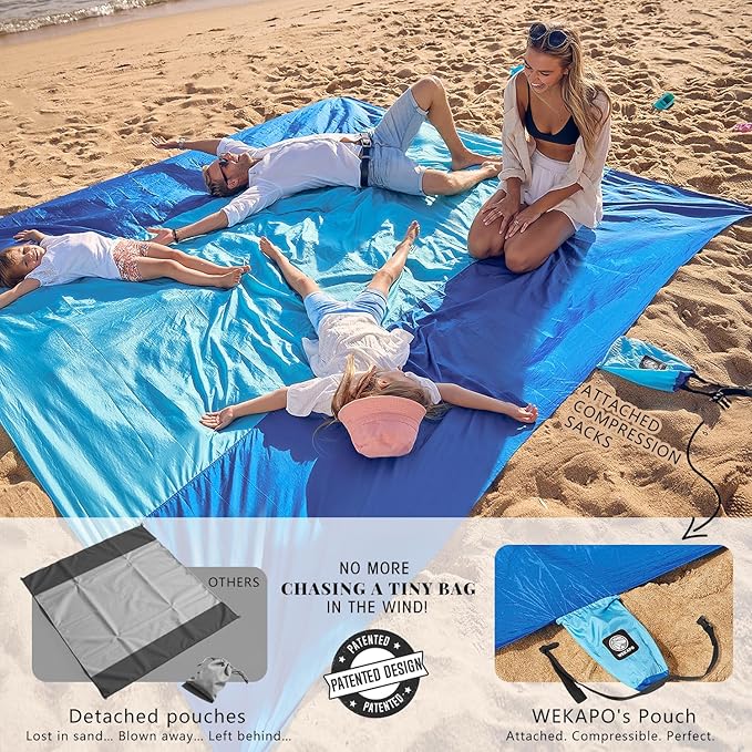 WEKAPO Beach Blanket Sandproof Waterproof, Extra Large Beach Mat, Oversized & Compact Sand Free, Quick Drying Beach Essentials for Vacation, Cruise, Picnic & Camping with Stakes