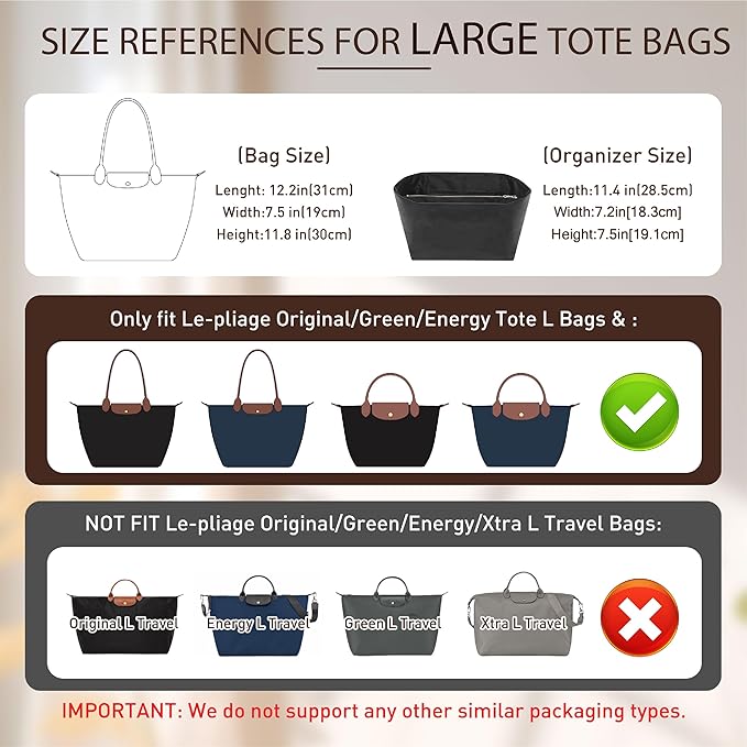 Doxo Purse Organizer Insert for le pliage Tote, Extra Lightweight Waterproof le pliage Large Organizer with YKK Zip, Bag Organizer Insert Compatible with Long Champ Shoulder Bag Large(Black,L)