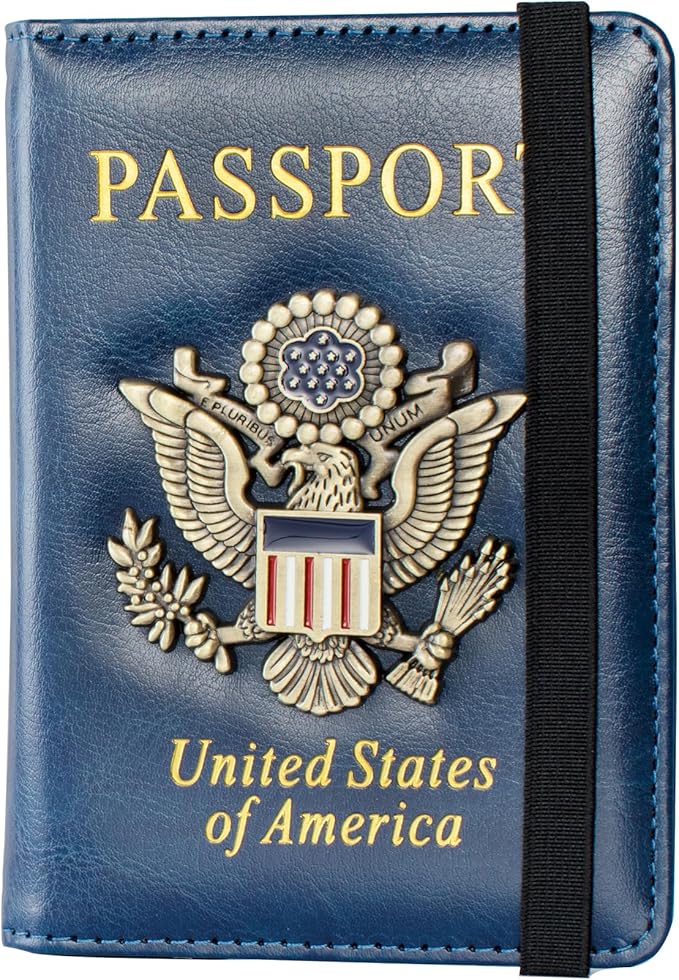 Passport Holder and Card Slot Combo RFID Blocking Leather Travel Passport Wallet for Men and Women US Passport Cover, Blue