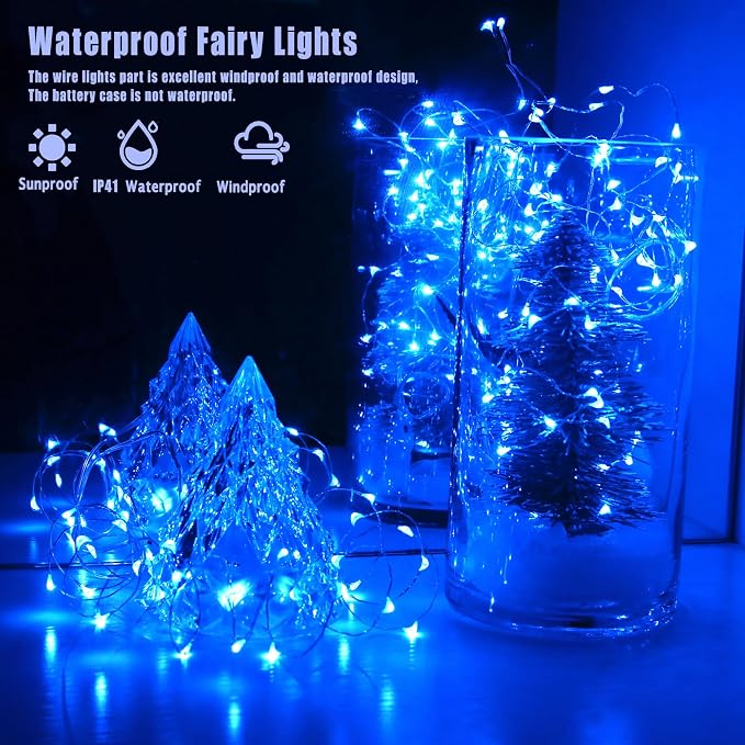 12 Pack Fairy Lights Battery Operated with Timer 6.5feet Silver Wire 20 LEDs Waterproof 8 Modes Twinkle Lights for Garden Bedroom Wedding Christmas Party Mason Jar Decor Celebration Lighting (Blue)